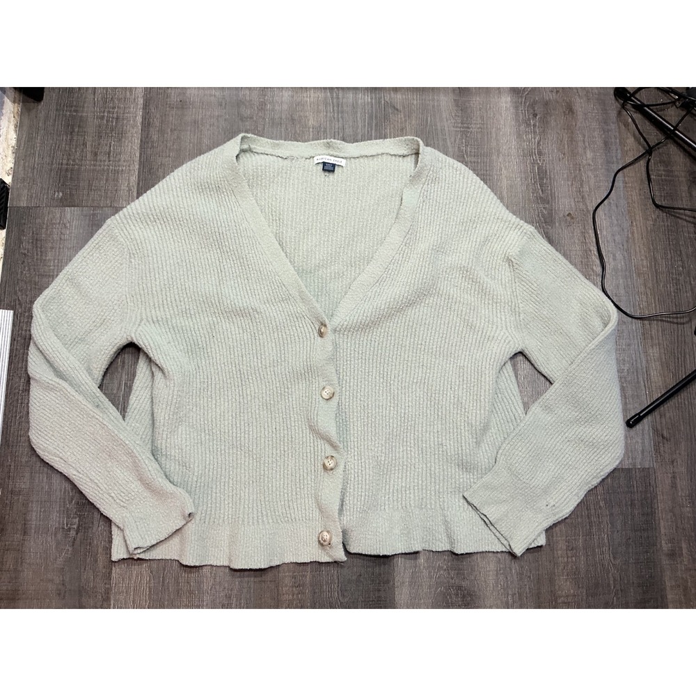 American Eagle Sage Green Ribbed Button Front V-Neck Cardigan Sweater Medium